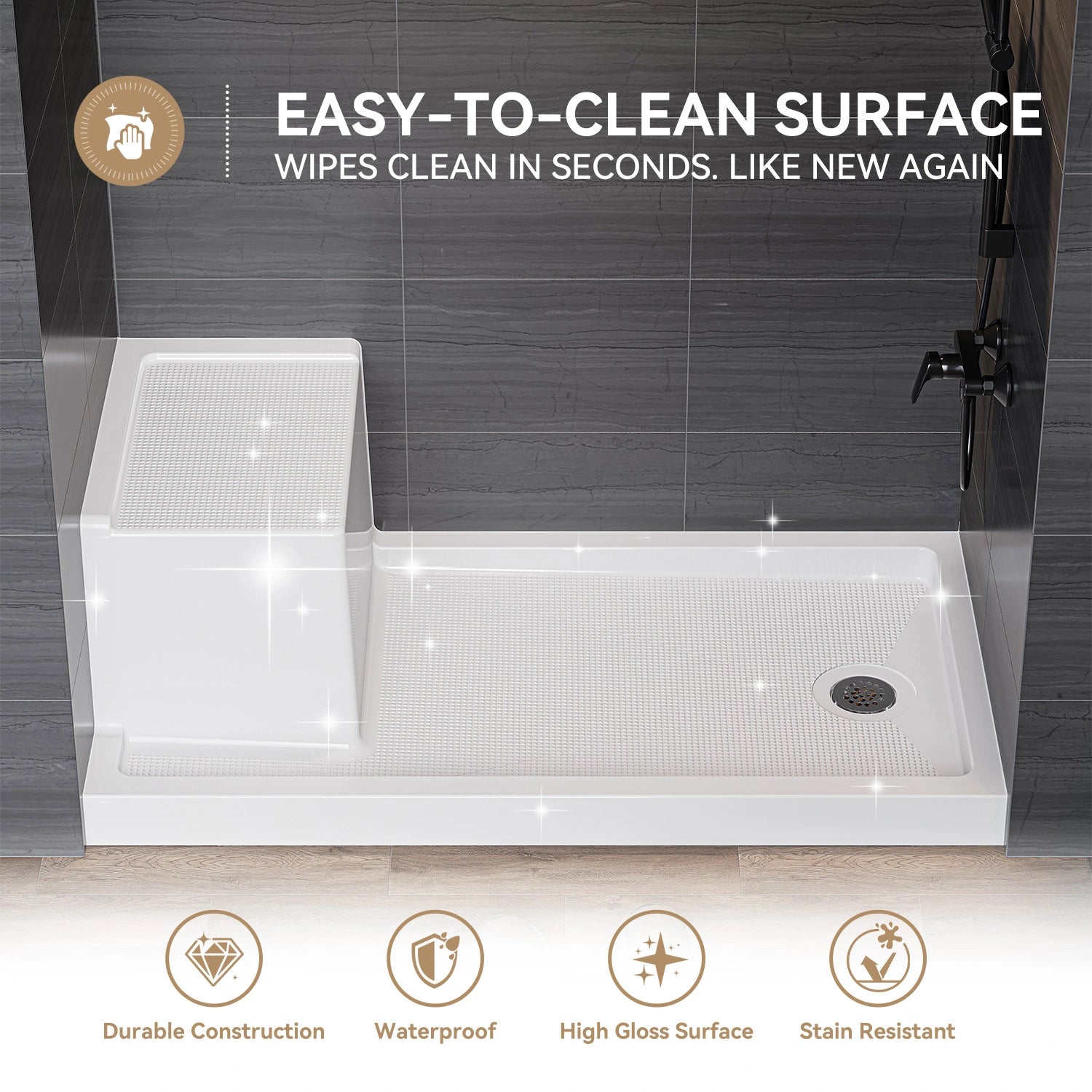 HOROW SS6032-CH-R 60" Shower Pan with ADA Seat Height & Right Drain
