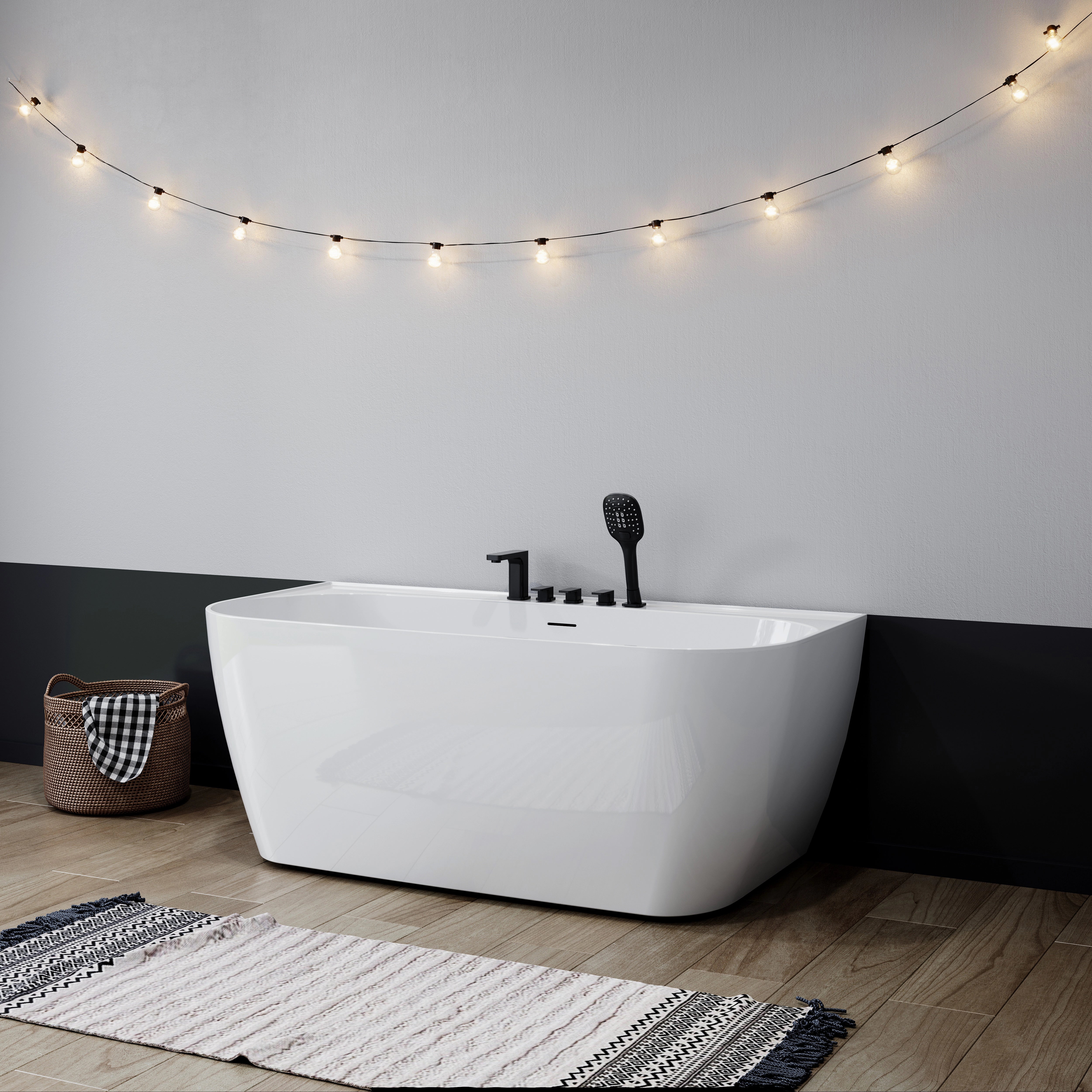 59 Inch Acrylic Back to Wall Tub with Faucet & Shower Head | HOROW