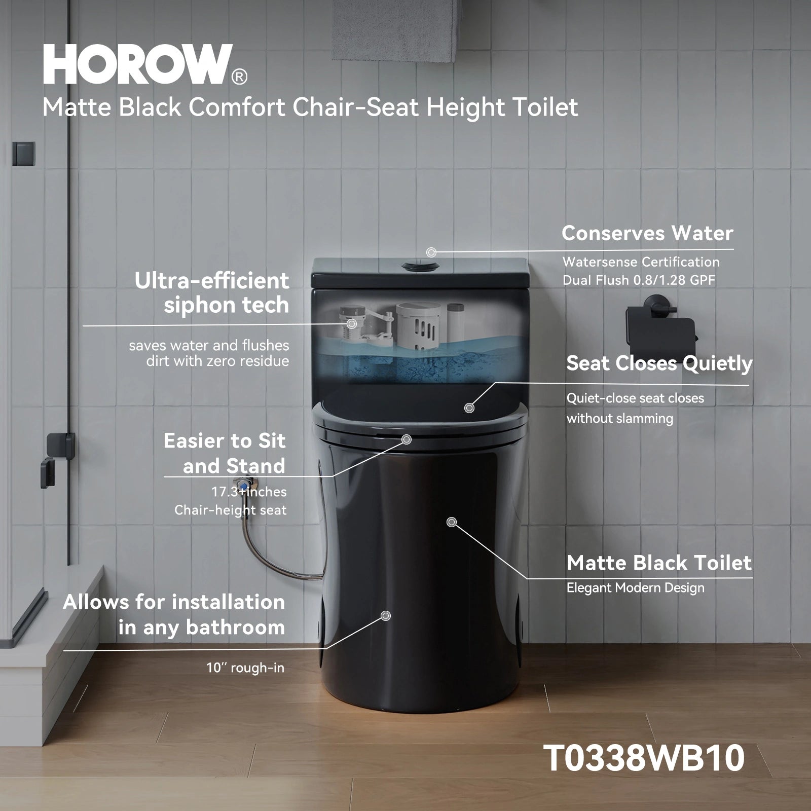 HOROW 10 Inch Rough In Toilet Black One Piece Toilet Model T0338B-10