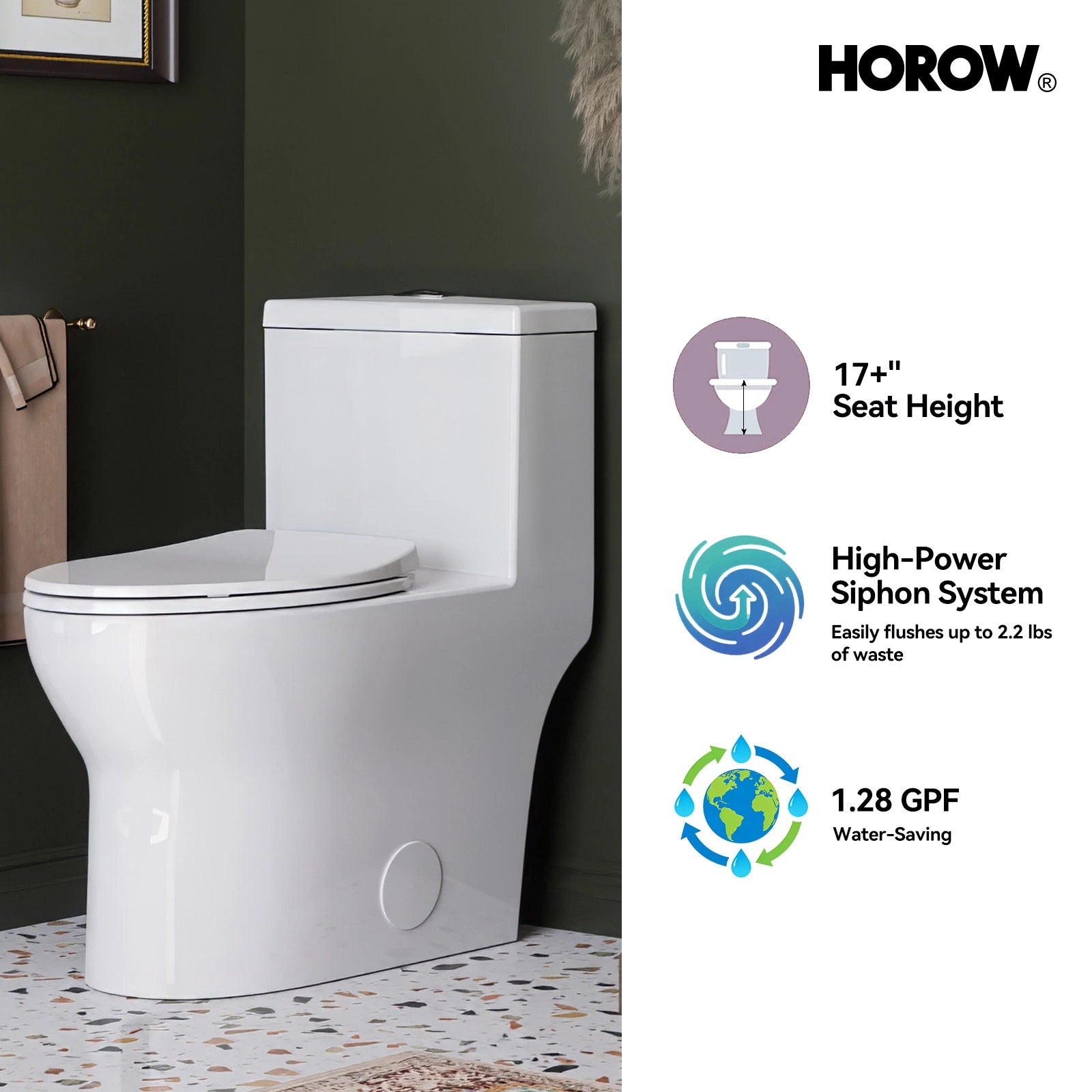 HOROW One Piece Toilet ADA Toilet Height 17.3 Inch Model T0350W