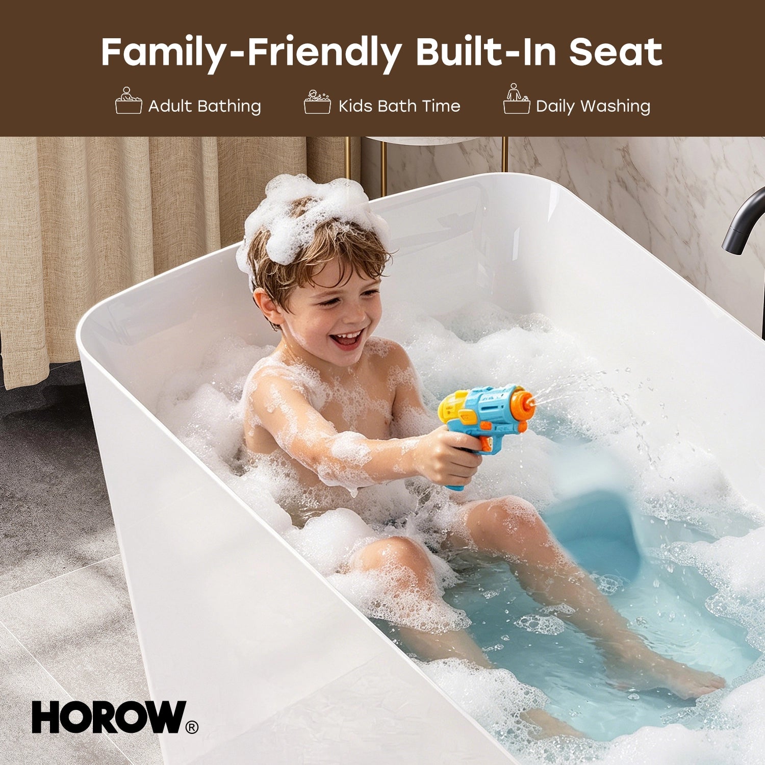 HOROW TU47-MB-A 47" Acrylic Soaking Bathtub with Seat & Pop-Up Drain
