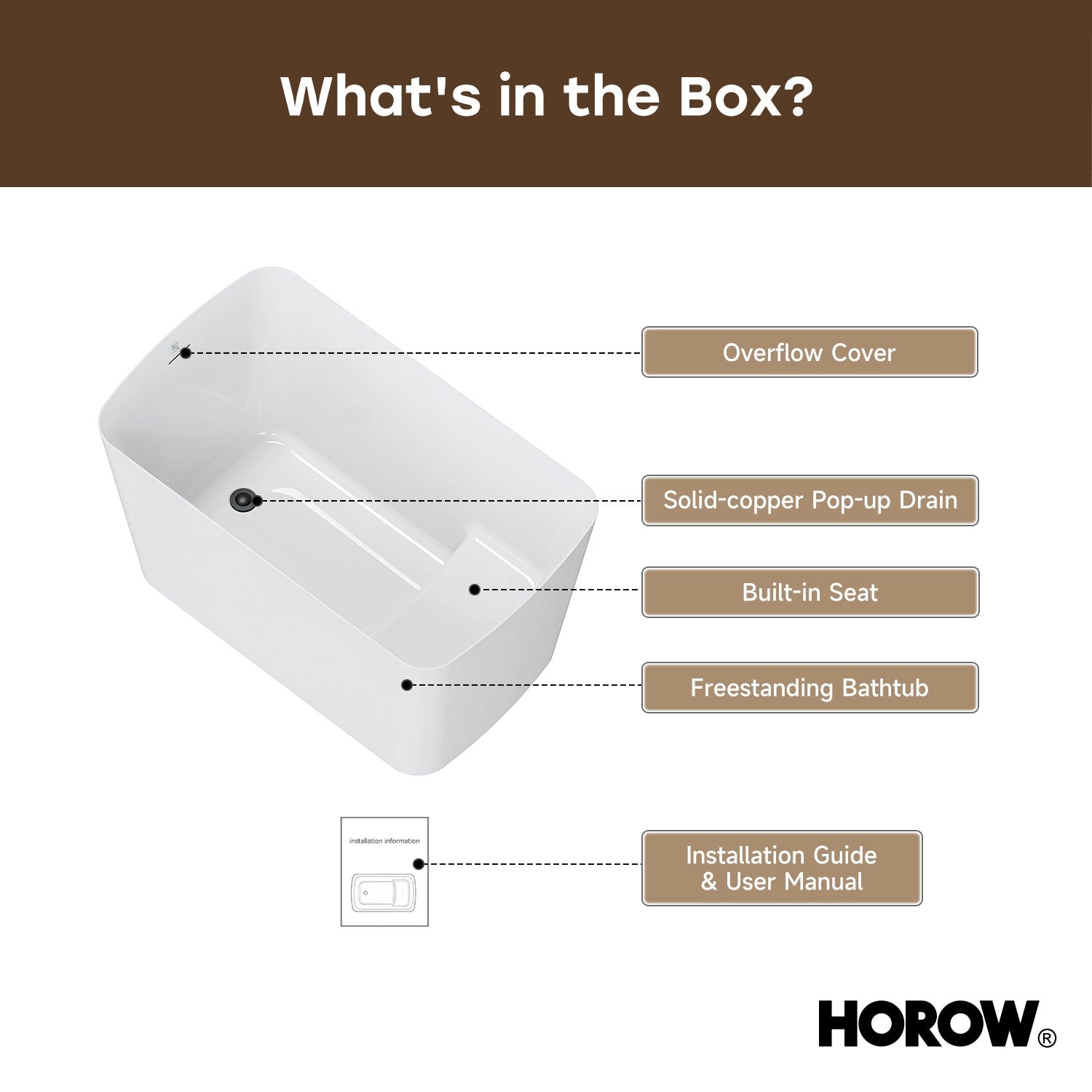 HOROW TU47-MB-A 47" Acrylic Soaking Bathtub with Seat & Pop-Up Drain
