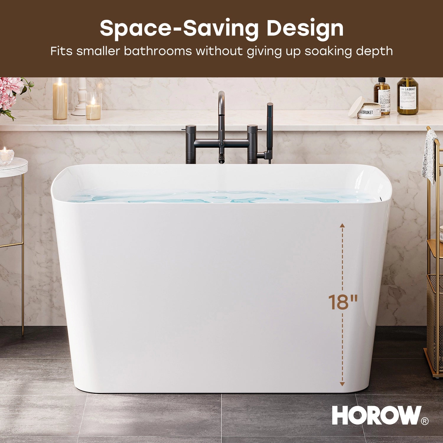 HOROW TU47-MB-A 47" Acrylic Soaking Bathtub with Seat & Pop-Up Drain