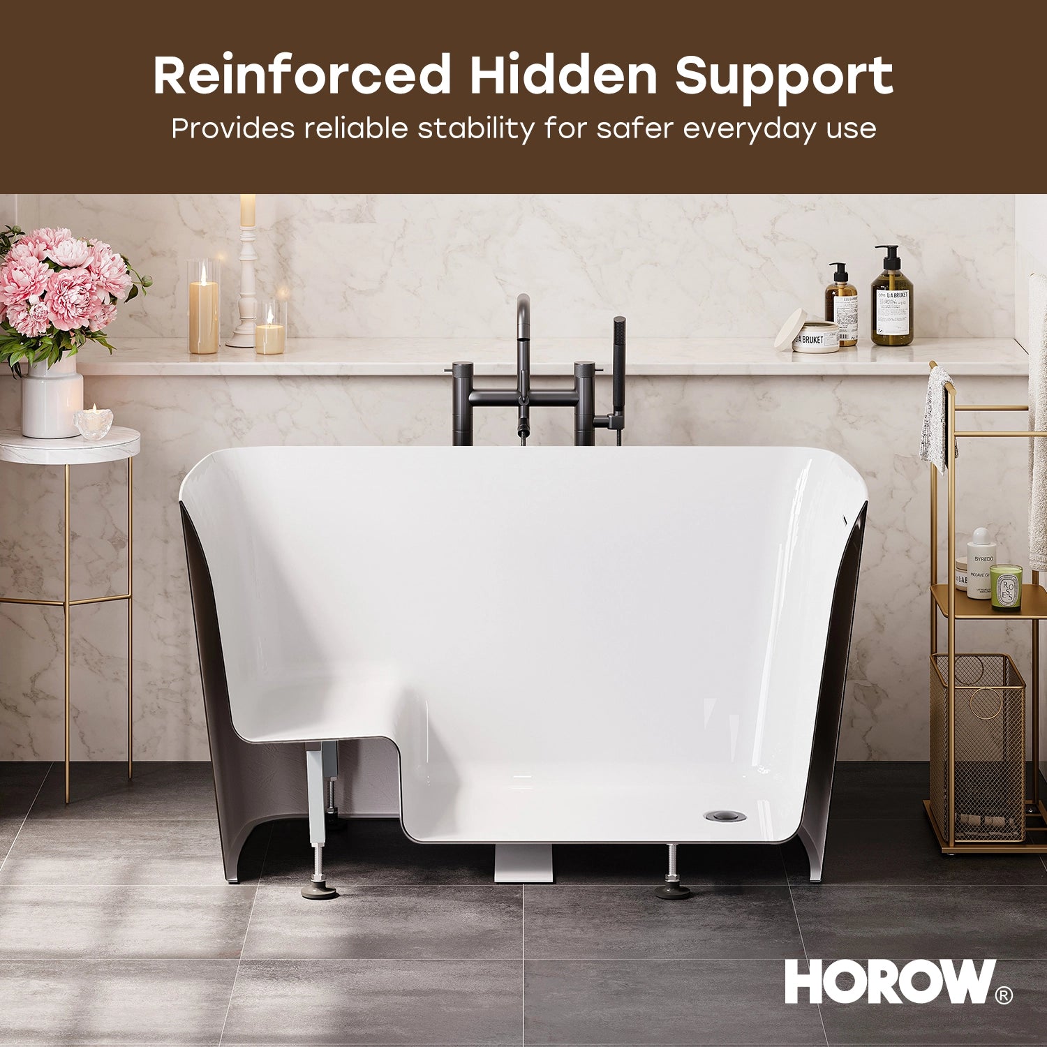 HOROW TU47-MB-A 47" Acrylic Soaking Bathtub with Seat & Pop-Up Drain