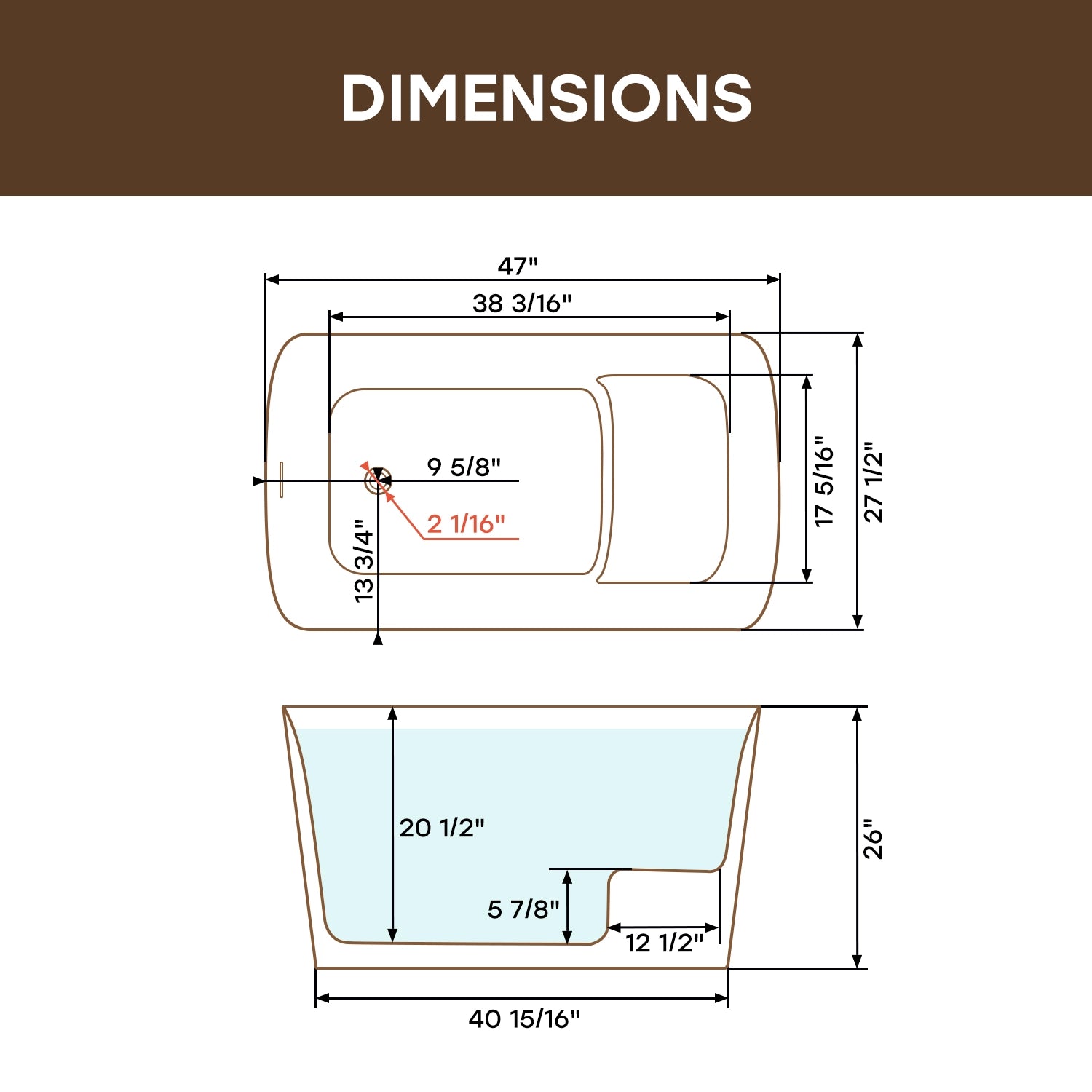 HOROW TU47-MB-A 47" Acrylic Soaking Bathtub with Seat & Pop-Up Drain