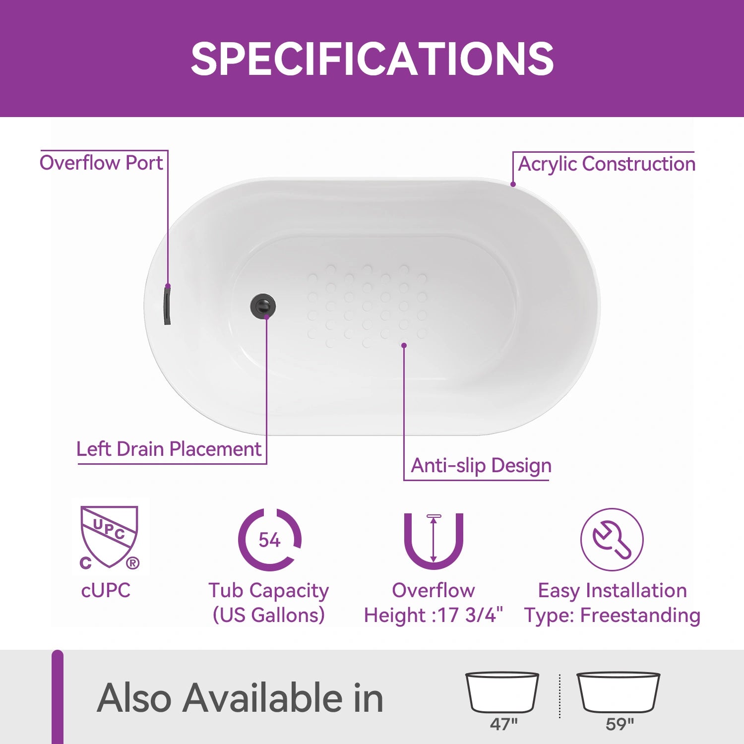 HOROW TU47-MBN-A 1.2M Acrylic Freestanding Tub with Black Hardware