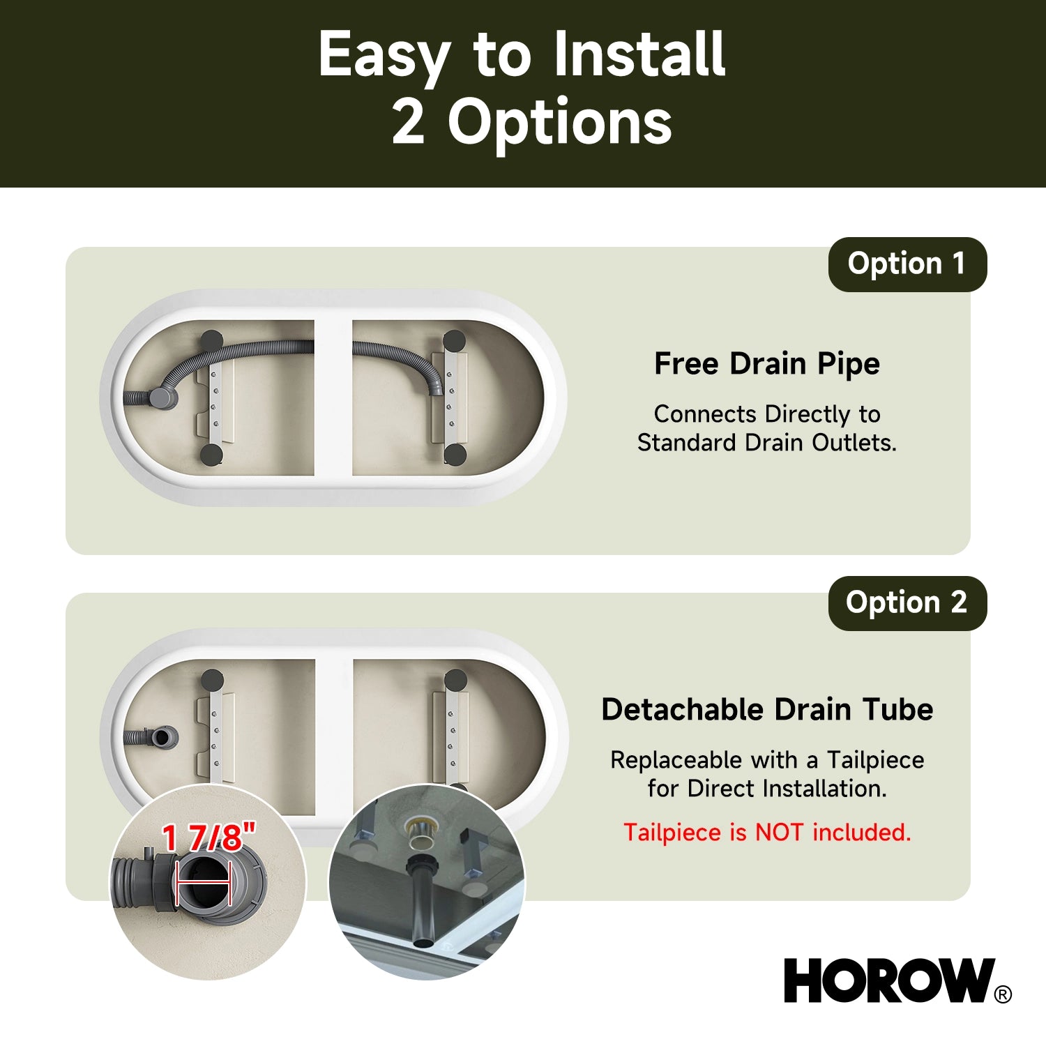 HOROW 59” Brushed Nickel Freestanding Bathtub with Integrated Overflow & Drain