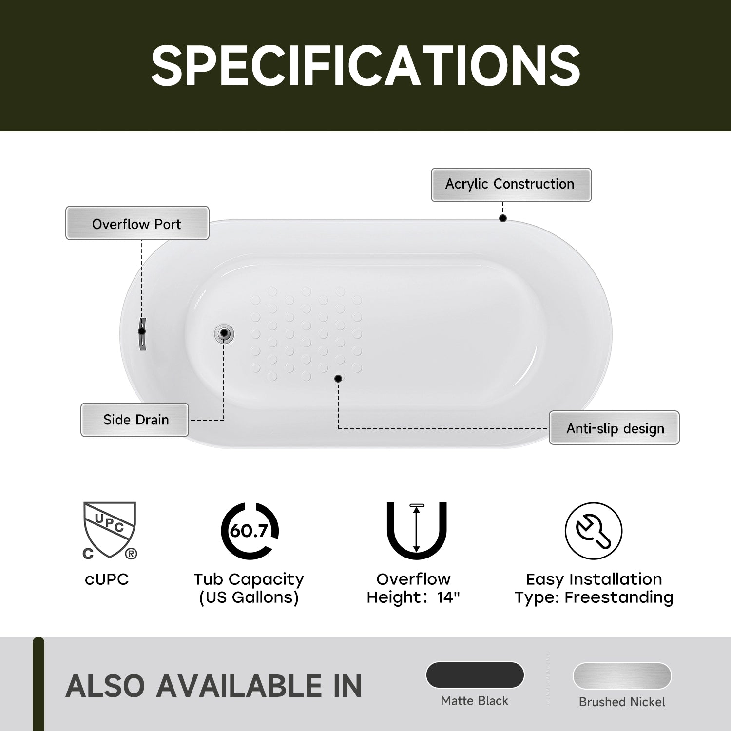 HOROW 59” Brushed Nickel Freestanding Bathtub with Integrated Overflow & Drain
