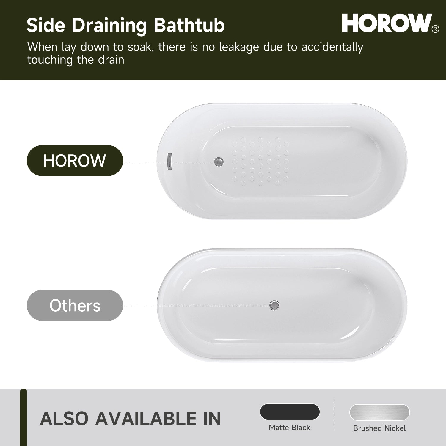 HOROW 59” Brushed Nickel Freestanding Bathtub with Integrated Overflow & Drain