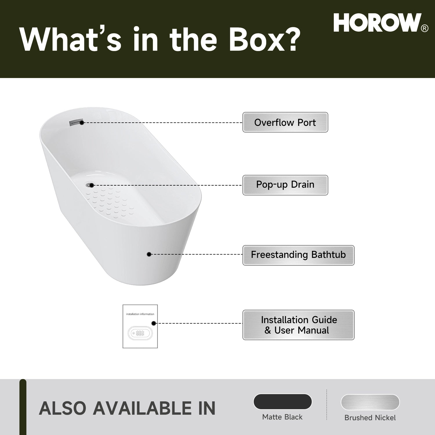HOROW 59” Brushed Nickel Freestanding Bathtub with Integrated Overflow & Drain