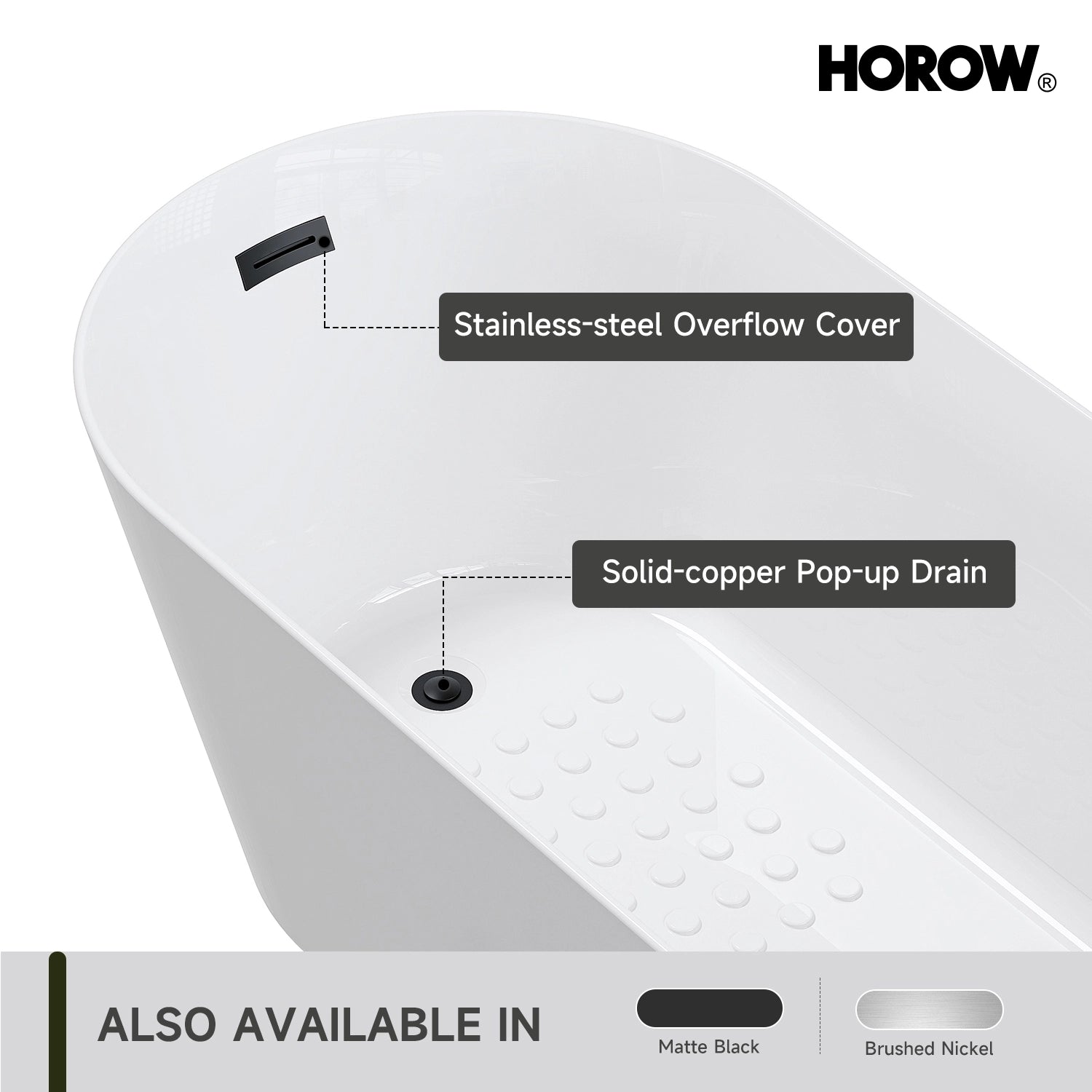 HOROW TU59-MBN-A 59" Matte Black Acrylic Freestanding Bathtub with Side Drain