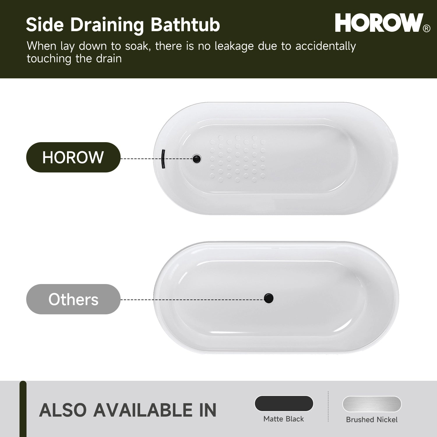 HOROW TU59-MBN-A 59" Matte Black Acrylic Freestanding Bathtub with Side Drain