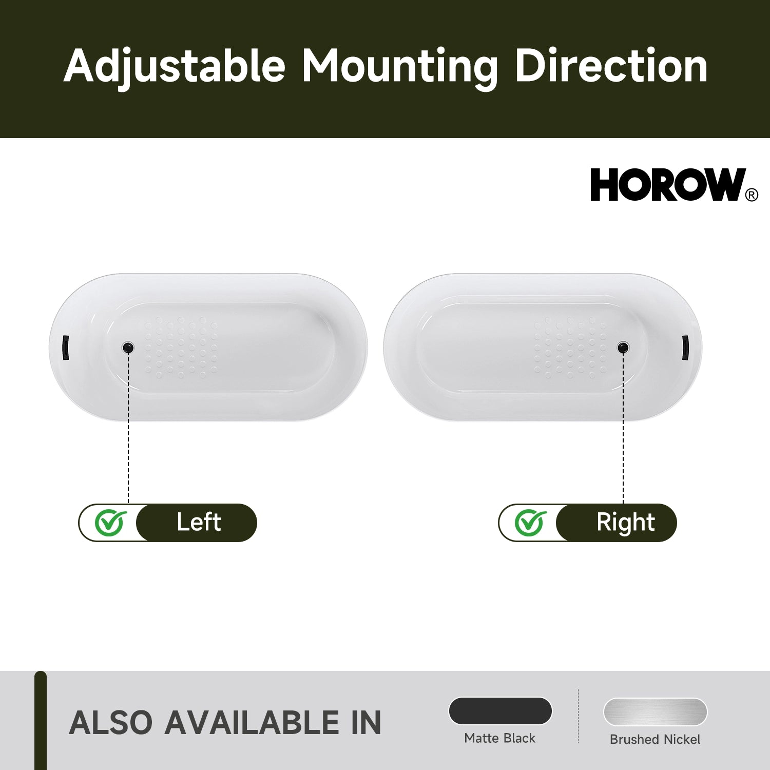 HOROW TU59-MBN-A 59" Matte Black Acrylic Freestanding Bathtub with Side Drain