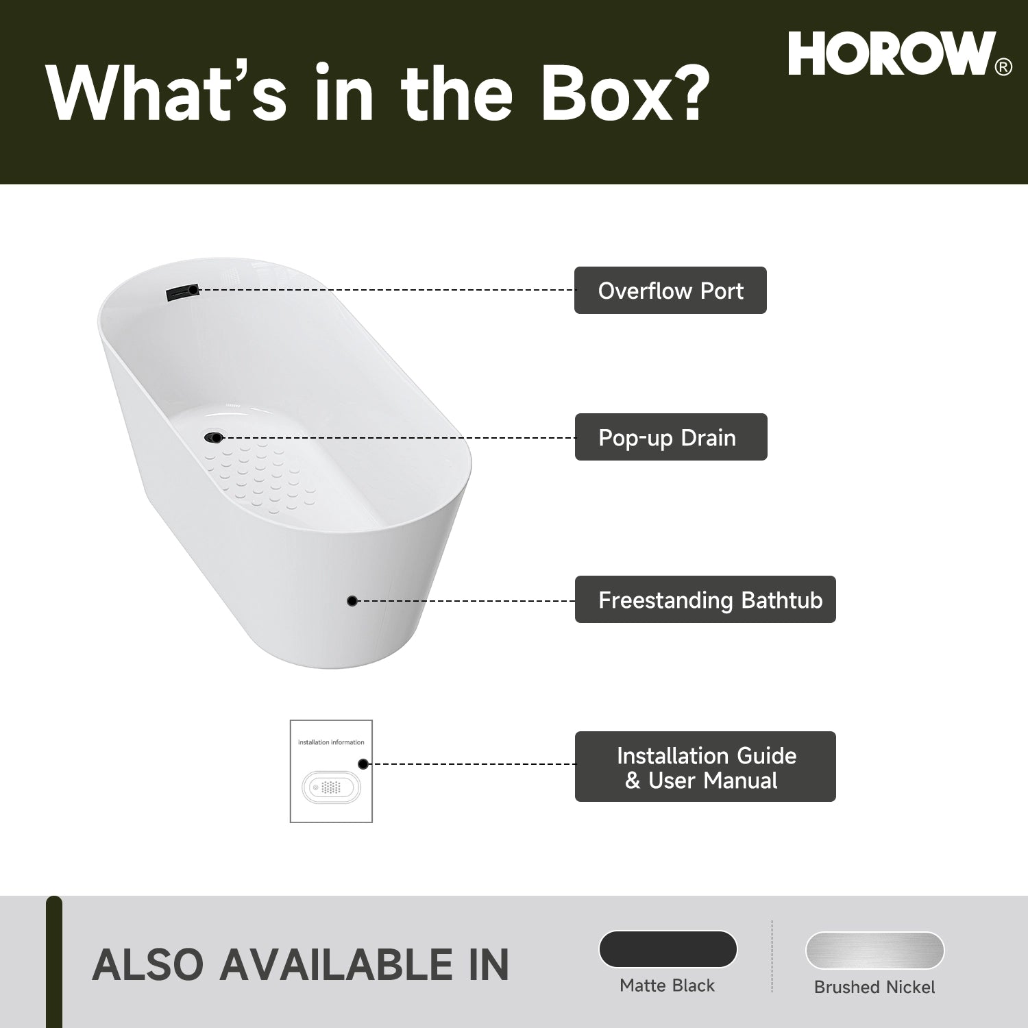 HOROW TU59-MBN-A 59" Matte Black Acrylic Freestanding Bathtub with Side Drain