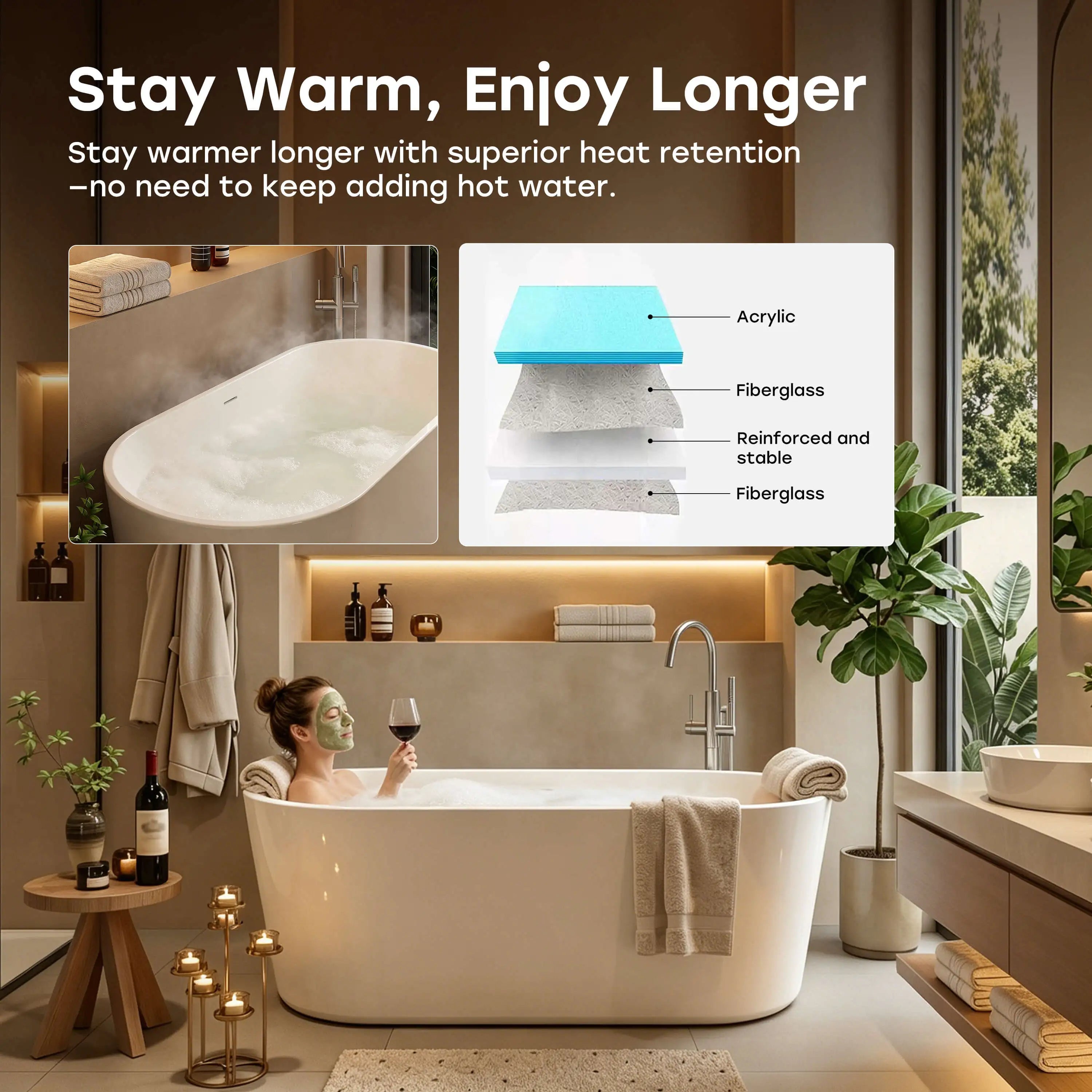 HOROW TU67-MW-OF 67" Acrylic Deep Soaking Bathtub with Premium Thickened Sealant