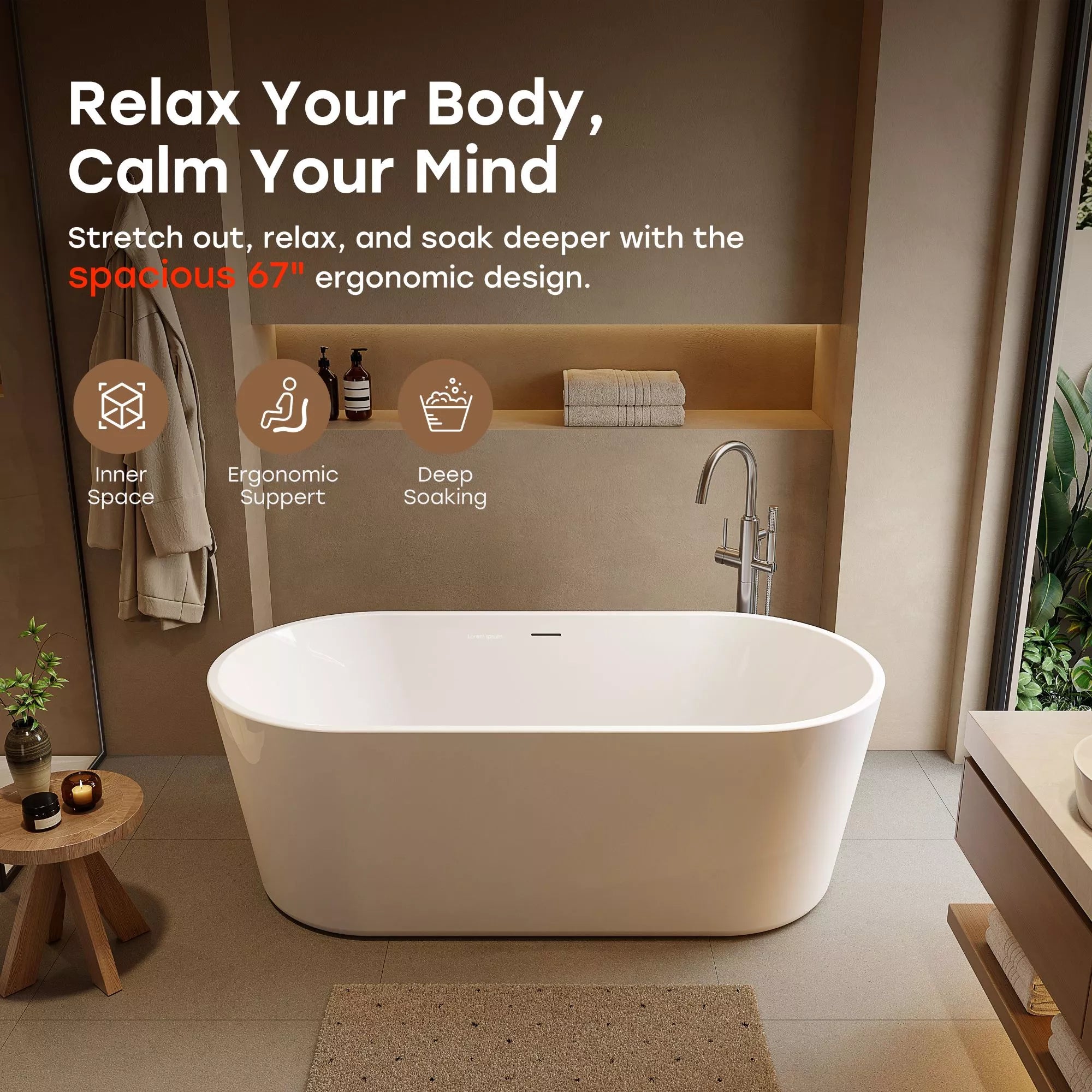 HOROW TU67-MW-OF 67" Acrylic Deep Soaking Bathtub with Premium Thickened Sealant